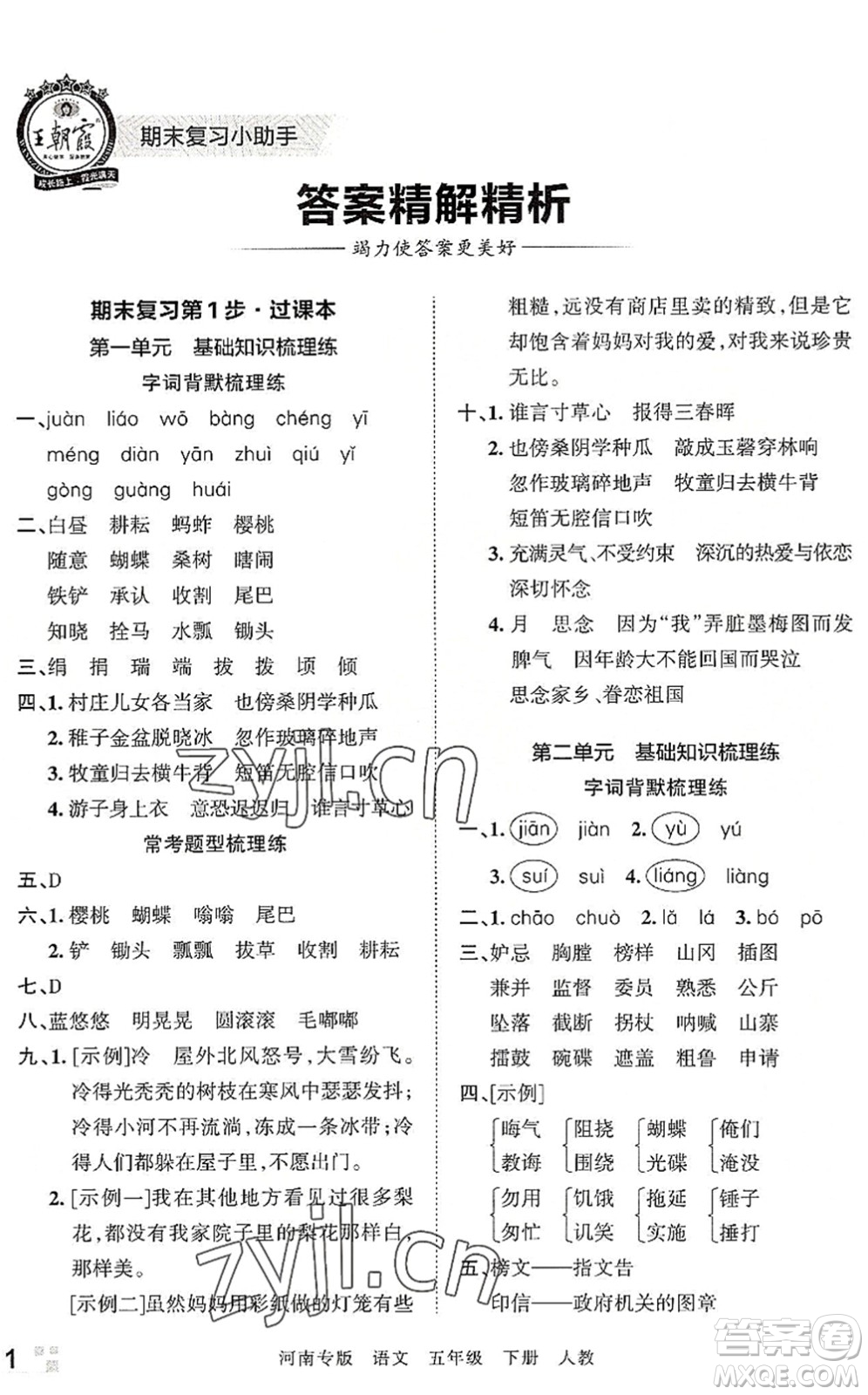 江西人民出版社2022王朝霞各地期末試卷精選五年級語文下冊人教版河南專版答案