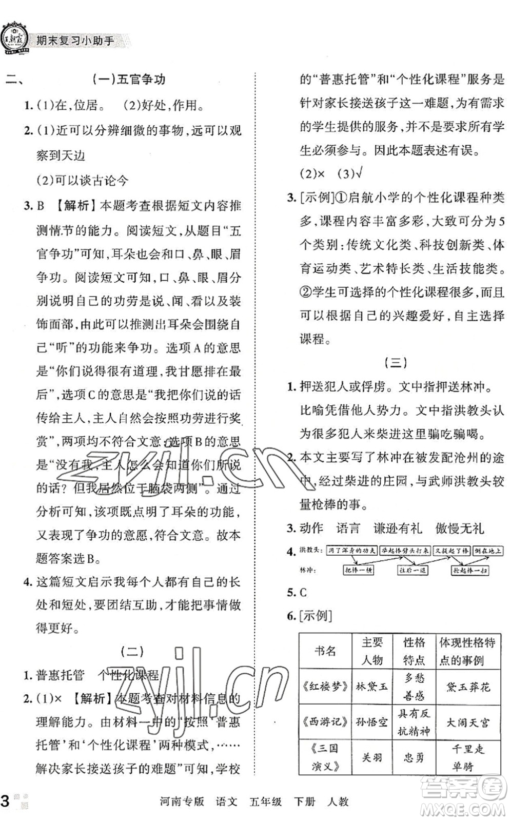 江西人民出版社2022王朝霞各地期末試卷精選五年級語文下冊人教版河南專版答案
