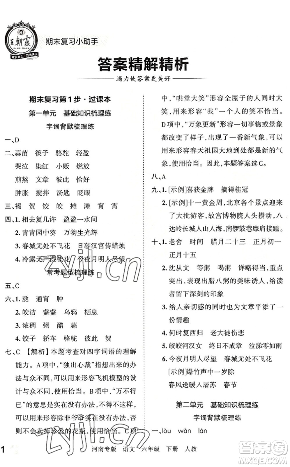江西人民出版社2022王朝霞各地期末試卷精選六年級(jí)語(yǔ)文下冊(cè)人教版河南專(zhuān)版答案