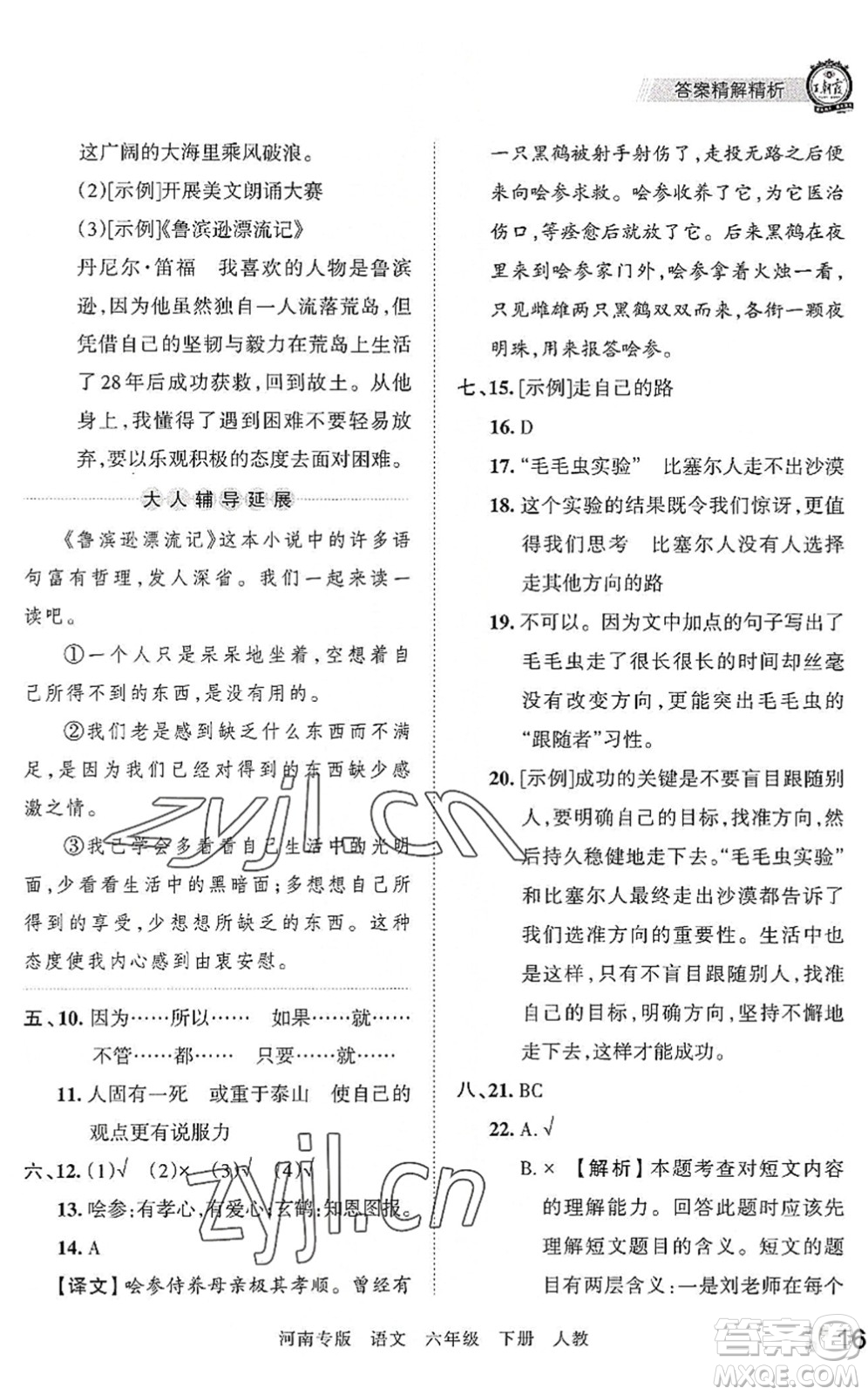 江西人民出版社2022王朝霞各地期末試卷精選六年級(jí)語(yǔ)文下冊(cè)人教版河南專(zhuān)版答案