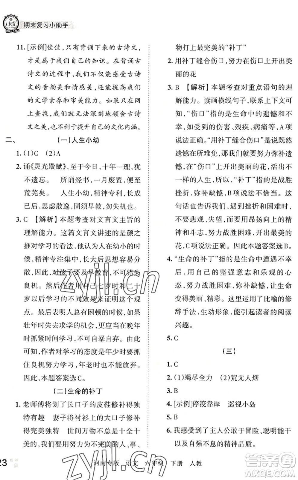 江西人民出版社2022王朝霞各地期末試卷精選六年級(jí)語(yǔ)文下冊(cè)人教版河南專(zhuān)版答案