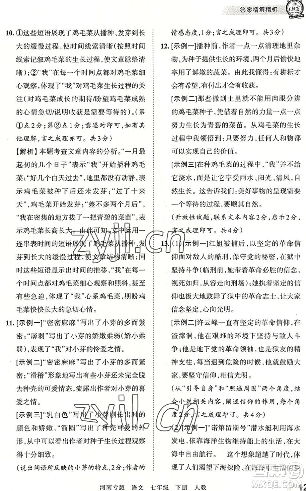 江西人民出版社2022王朝霞各地期末試卷精選七年級語文下冊人教版河南專版答案