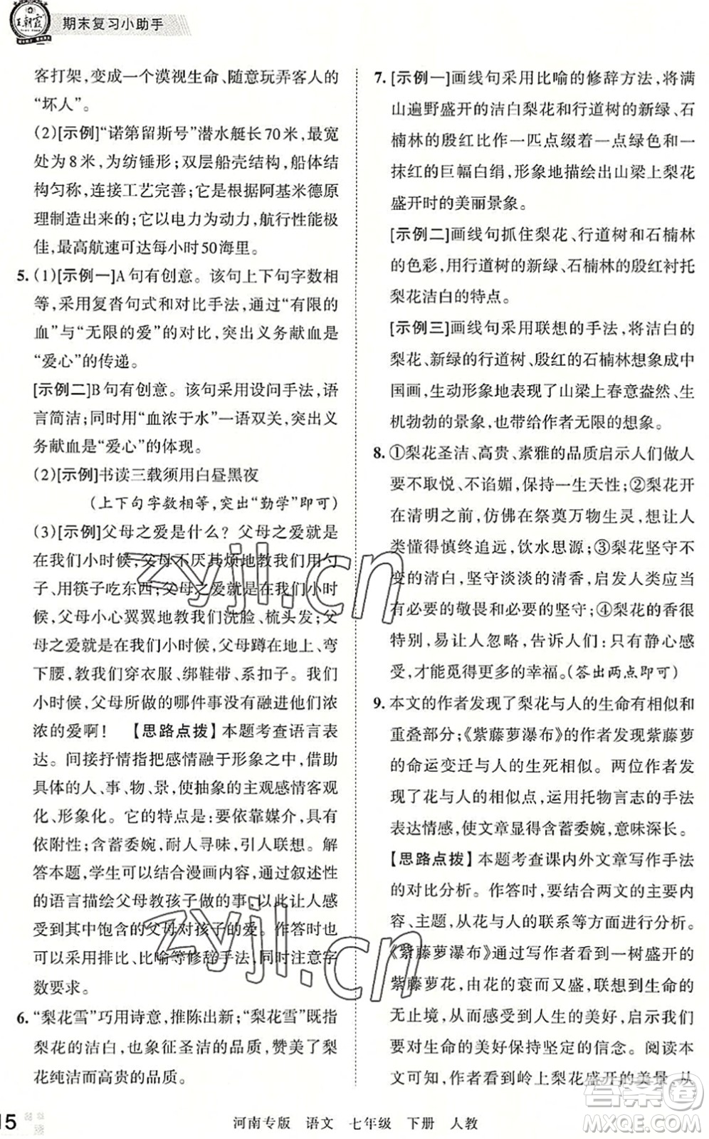 江西人民出版社2022王朝霞各地期末試卷精選七年級語文下冊人教版河南專版答案