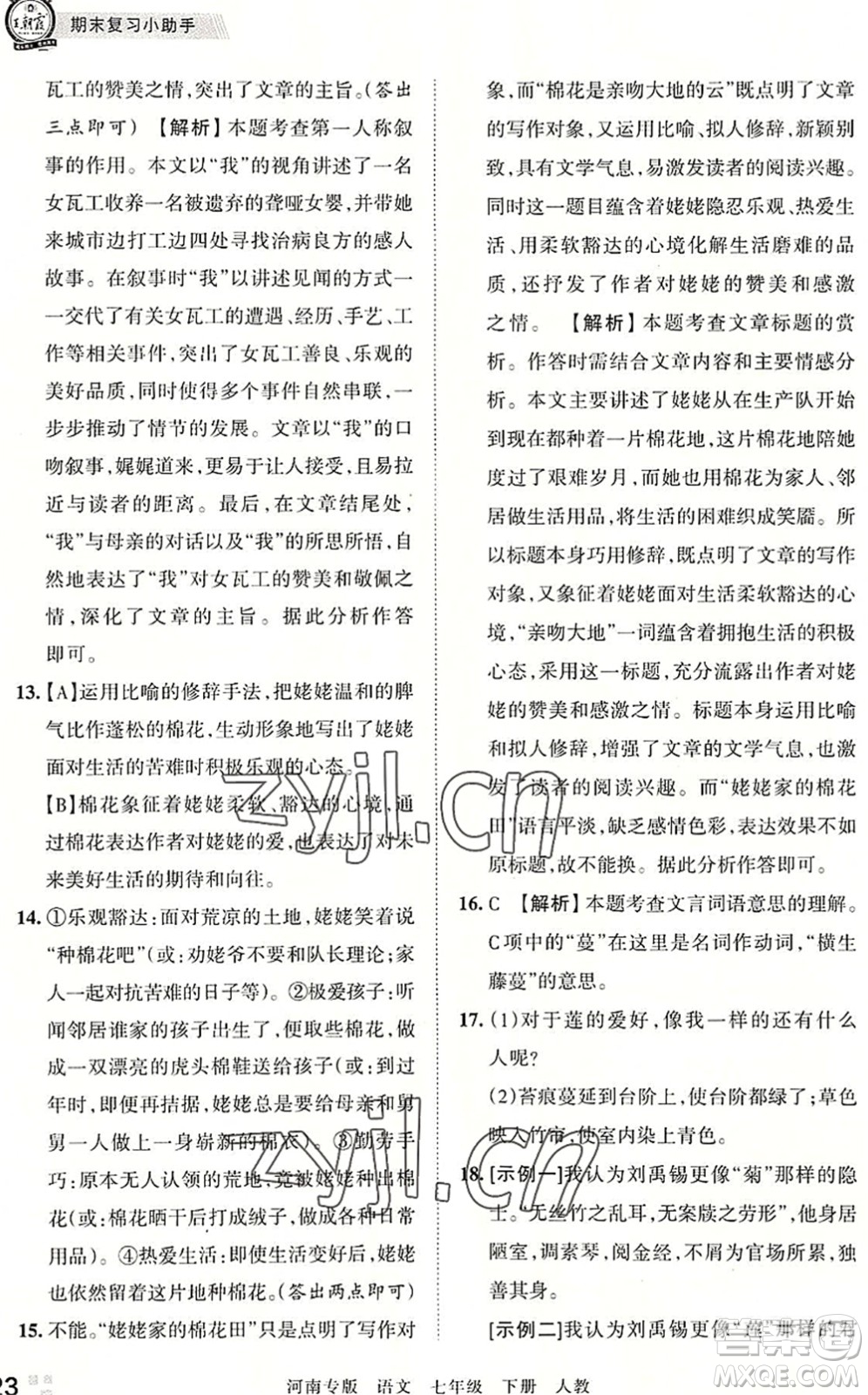 江西人民出版社2022王朝霞各地期末試卷精選七年級語文下冊人教版河南專版答案