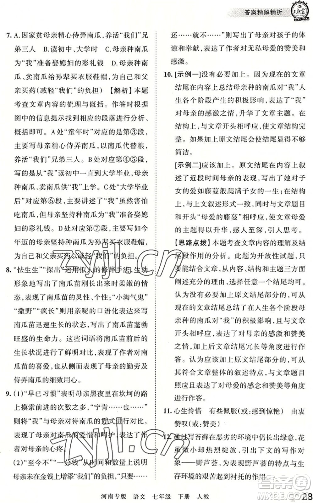 江西人民出版社2022王朝霞各地期末試卷精選七年級語文下冊人教版河南專版答案