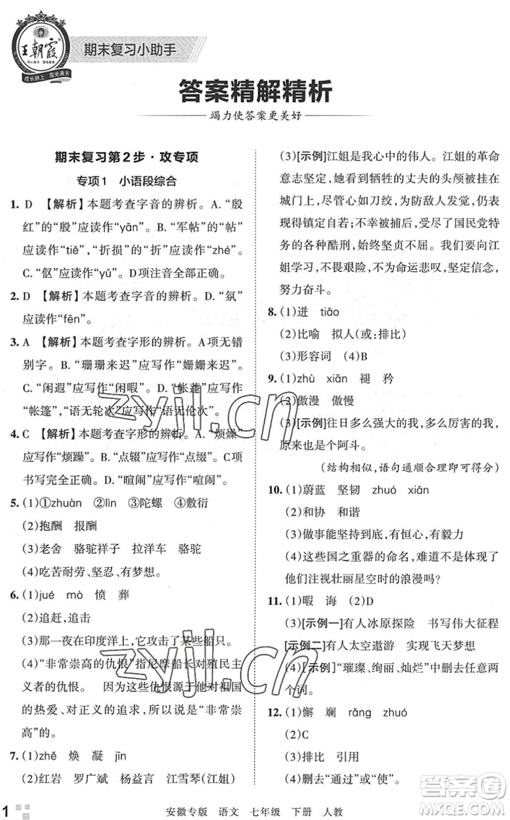 江西人民出版社2022王朝霞各地期末試卷精選七年級語文下冊人教版安徽專版答案