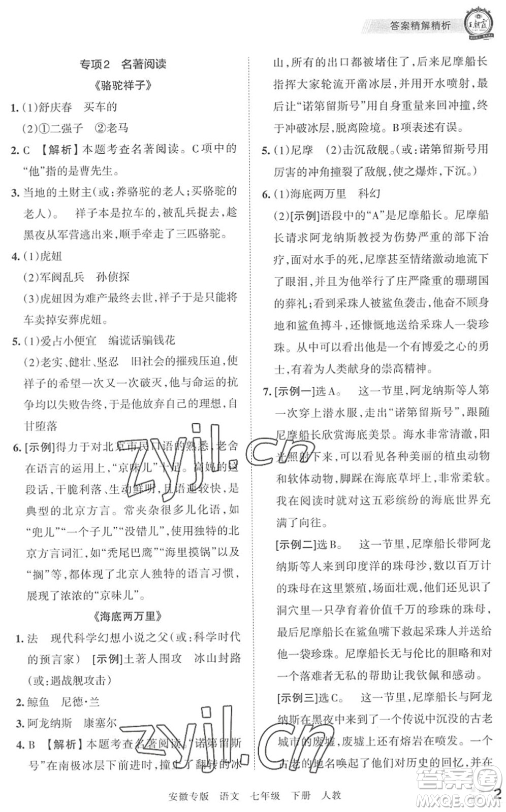 江西人民出版社2022王朝霞各地期末試卷精選七年級語文下冊人教版安徽專版答案