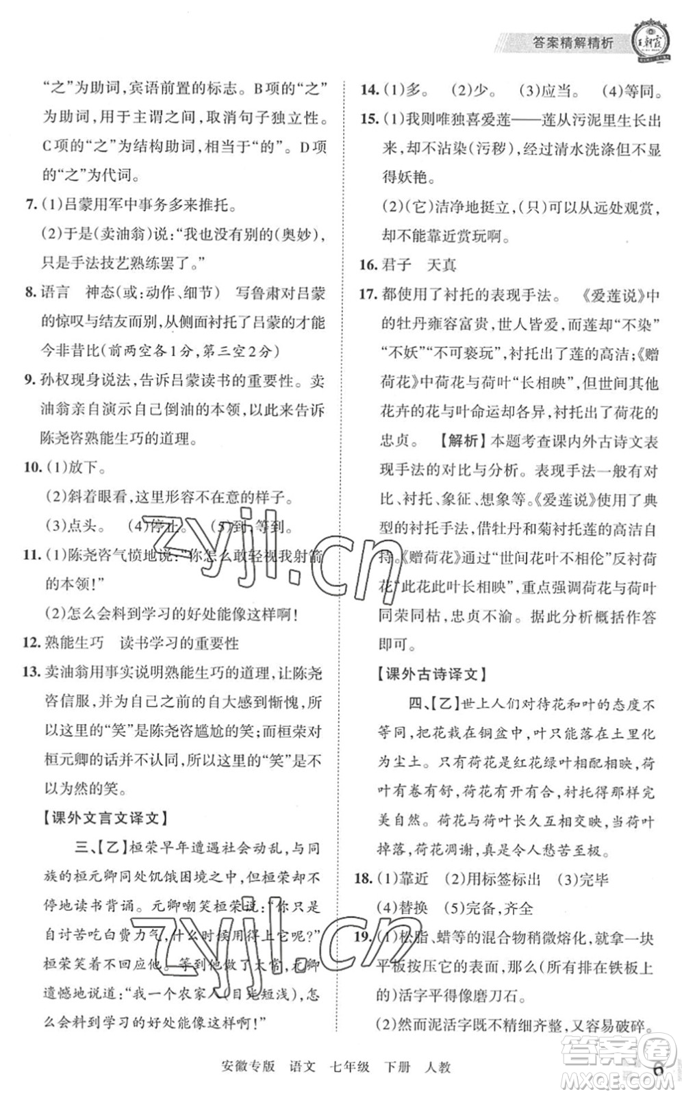 江西人民出版社2022王朝霞各地期末試卷精選七年級語文下冊人教版安徽專版答案