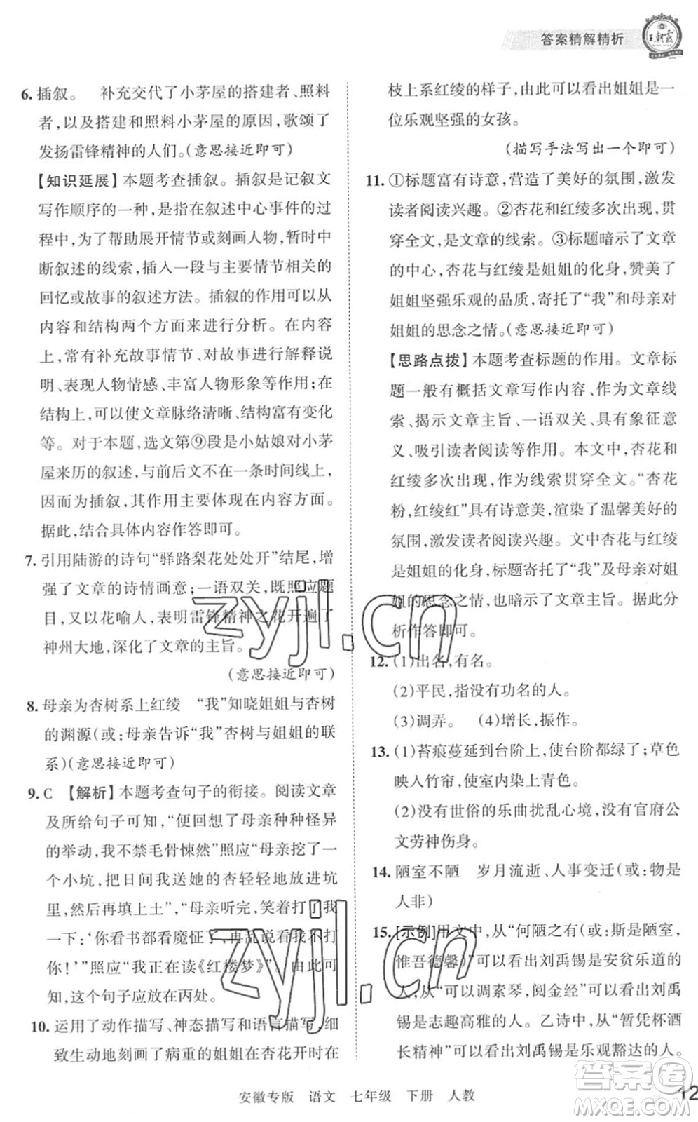 江西人民出版社2022王朝霞各地期末試卷精選七年級語文下冊人教版安徽專版答案