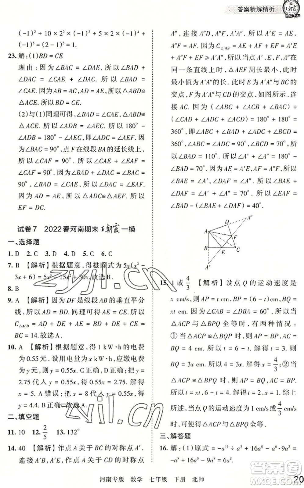 江西人民出版社2022王朝霞各地期末試卷精選七年級(jí)數(shù)學(xué)下冊(cè)北師大版河南專版答案