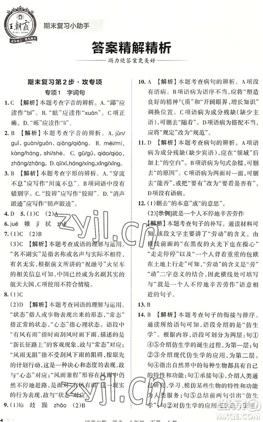 江西人民出版社2022王朝霞各地期末試卷精選八年級語文下冊人教版河南專版答案