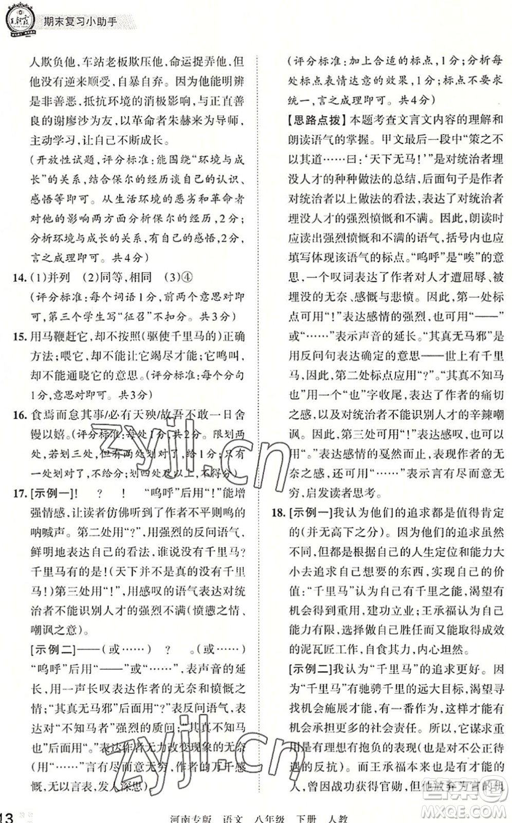 江西人民出版社2022王朝霞各地期末試卷精選八年級語文下冊人教版河南專版答案