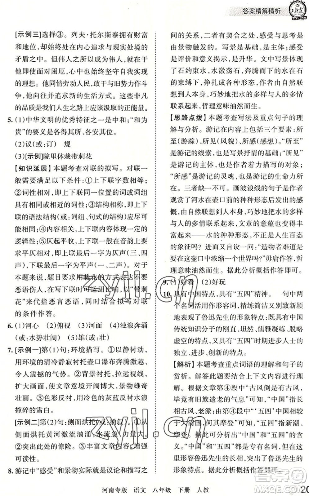 江西人民出版社2022王朝霞各地期末試卷精選八年級語文下冊人教版河南專版答案