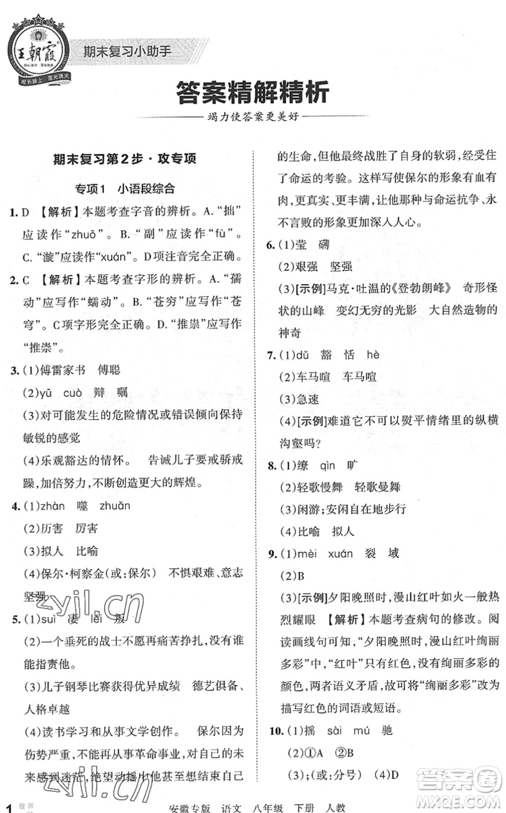 江西人民出版社2022王朝霞各地期末試卷精選八年級(jí)語(yǔ)文下冊(cè)人教版安徽專版答案