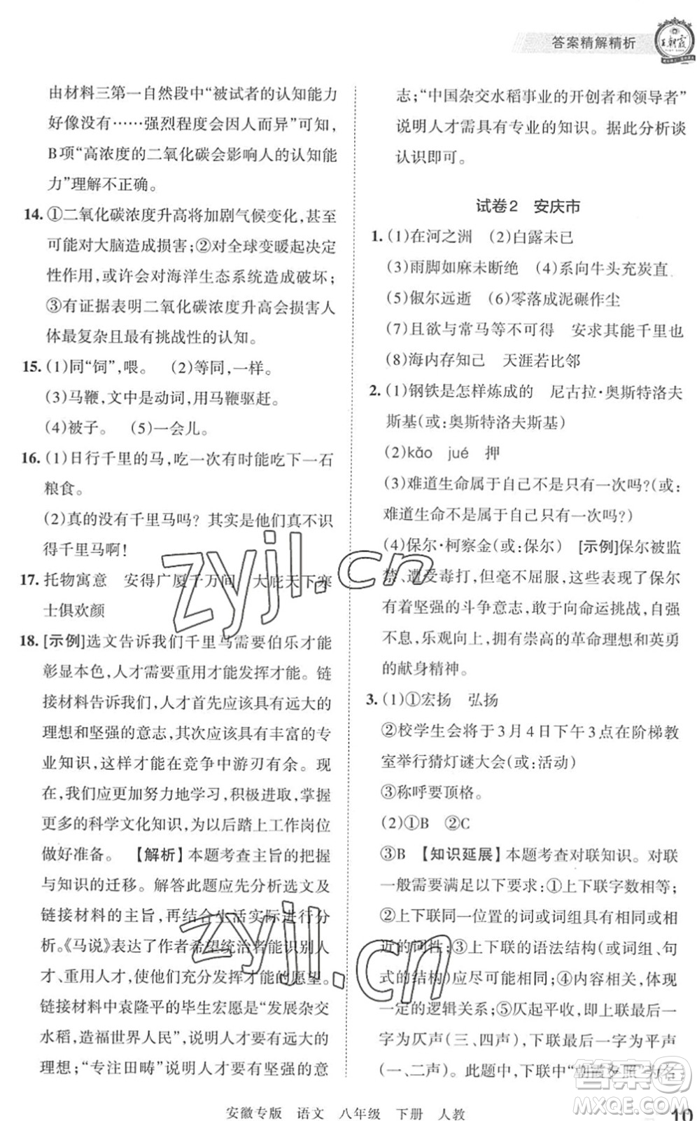江西人民出版社2022王朝霞各地期末試卷精選八年級(jí)語(yǔ)文下冊(cè)人教版安徽專版答案