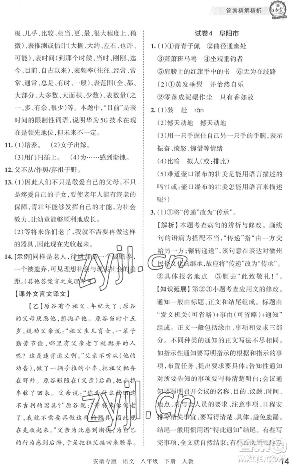 江西人民出版社2022王朝霞各地期末試卷精選八年級(jí)語(yǔ)文下冊(cè)人教版安徽專版答案