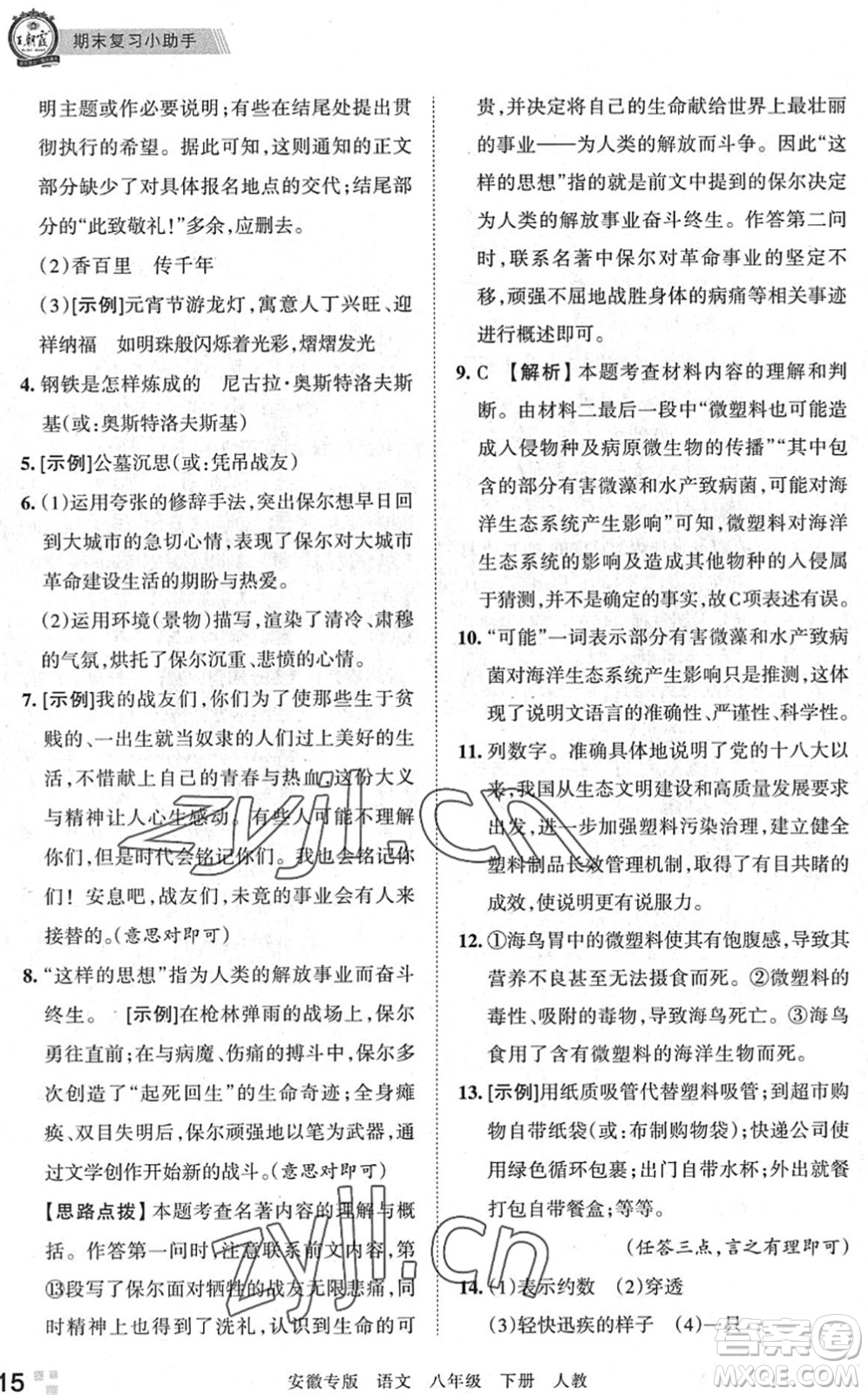 江西人民出版社2022王朝霞各地期末試卷精選八年級(jí)語(yǔ)文下冊(cè)人教版安徽專版答案