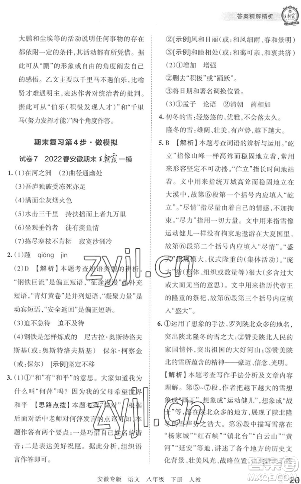 江西人民出版社2022王朝霞各地期末試卷精選八年級(jí)語(yǔ)文下冊(cè)人教版安徽專版答案