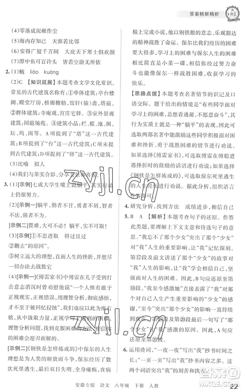 江西人民出版社2022王朝霞各地期末試卷精選八年級(jí)語(yǔ)文下冊(cè)人教版安徽專版答案