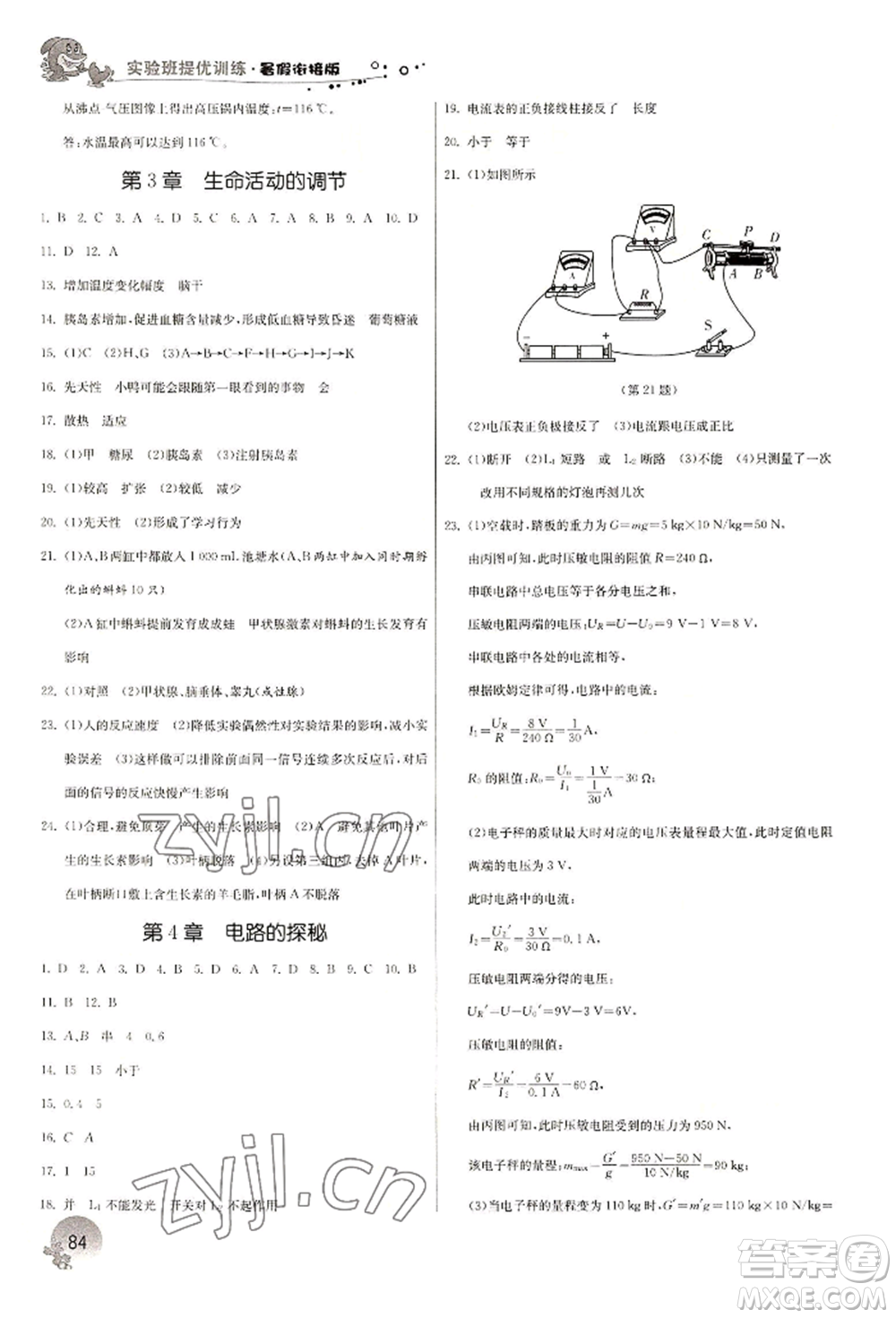江蘇人民出版社2022實(shí)驗(yàn)班提優(yōu)訓(xùn)練暑假銜接八升九科學(xué)冀教版參考答案