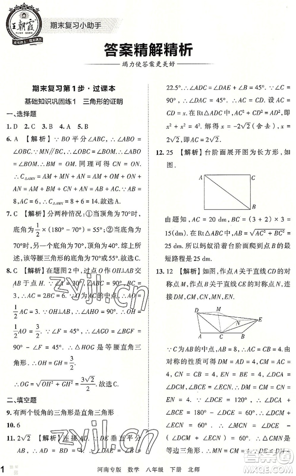 江西人民出版社2022王朝霞各地期末試卷精選八年級(jí)數(shù)學(xué)下冊(cè)北師大版河南專版答案