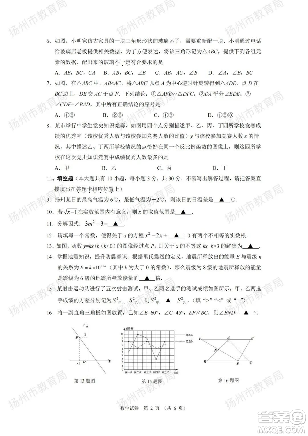 揚州市2022年初中畢業(yè)升學(xué)統(tǒng)一考試數(shù)學(xué)試題及答案