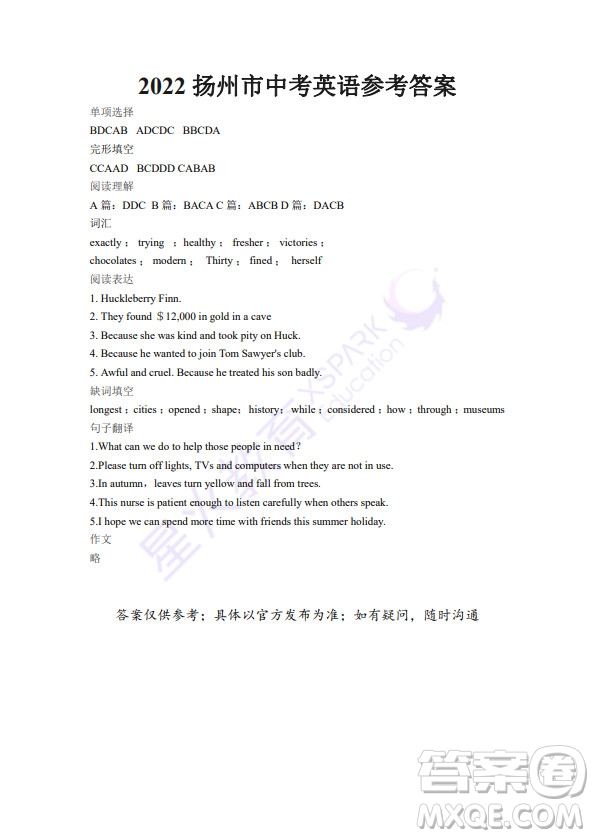揚(yáng)州市2022年初中畢業(yè)升學(xué)統(tǒng)一考試英語試題及答案
