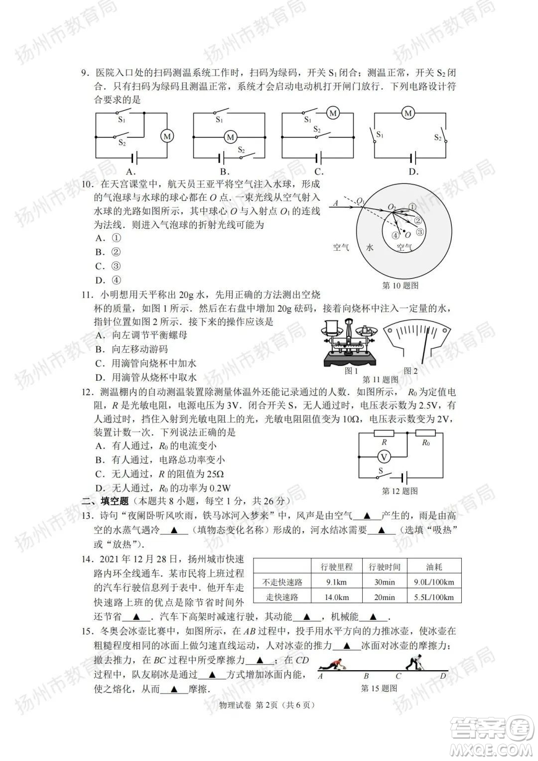 揚州市2022年初中畢業(yè)升學統(tǒng)一考試物理試題及答案