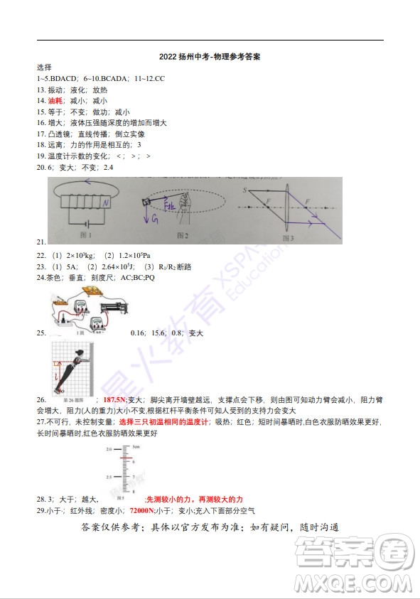 揚州市2022年初中畢業(yè)升學統(tǒng)一考試物理試題及答案