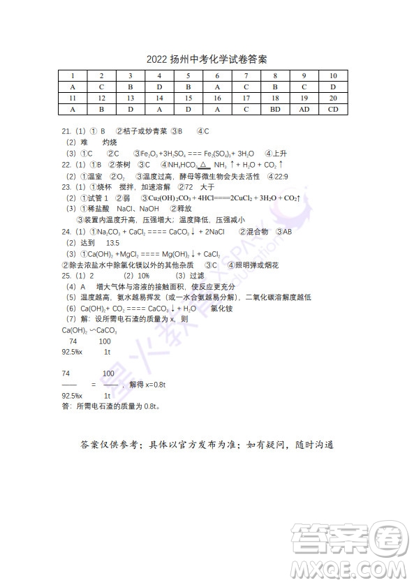 揚(yáng)州市2022年初中畢業(yè)升學(xué)統(tǒng)一考試化學(xué)試題及答案