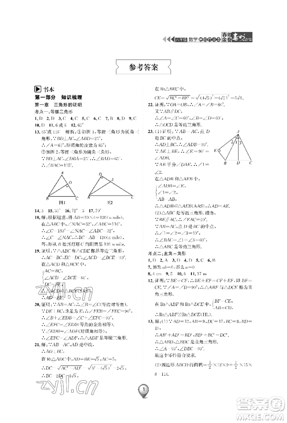 天津科學(xué)技術(shù)出版社2022春如金卷數(shù)學(xué)暑假作業(yè)本八年級(jí)通用版參考答案