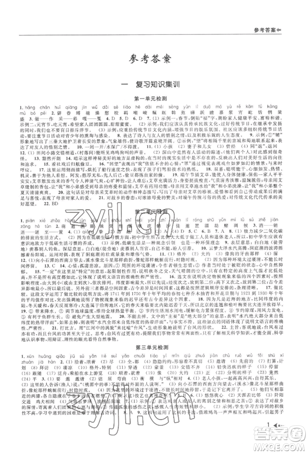 南京出版社2022暑期銜接培優(yōu)集訓八升九語文人教版參考答案