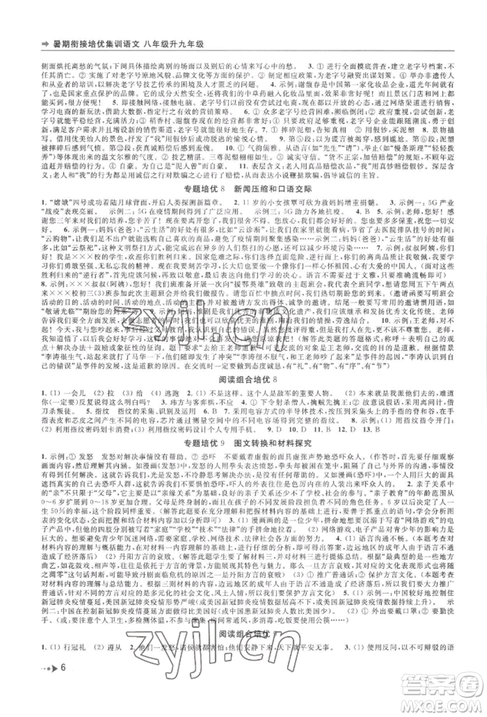 南京出版社2022暑期銜接培優(yōu)集訓八升九語文人教版參考答案