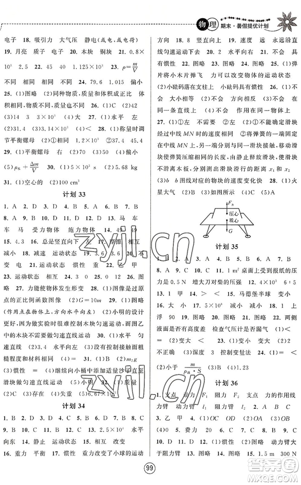 南京大學(xué)出版社2022期末暑假提優(yōu)計(jì)劃八年級物理SK蘇科版答案