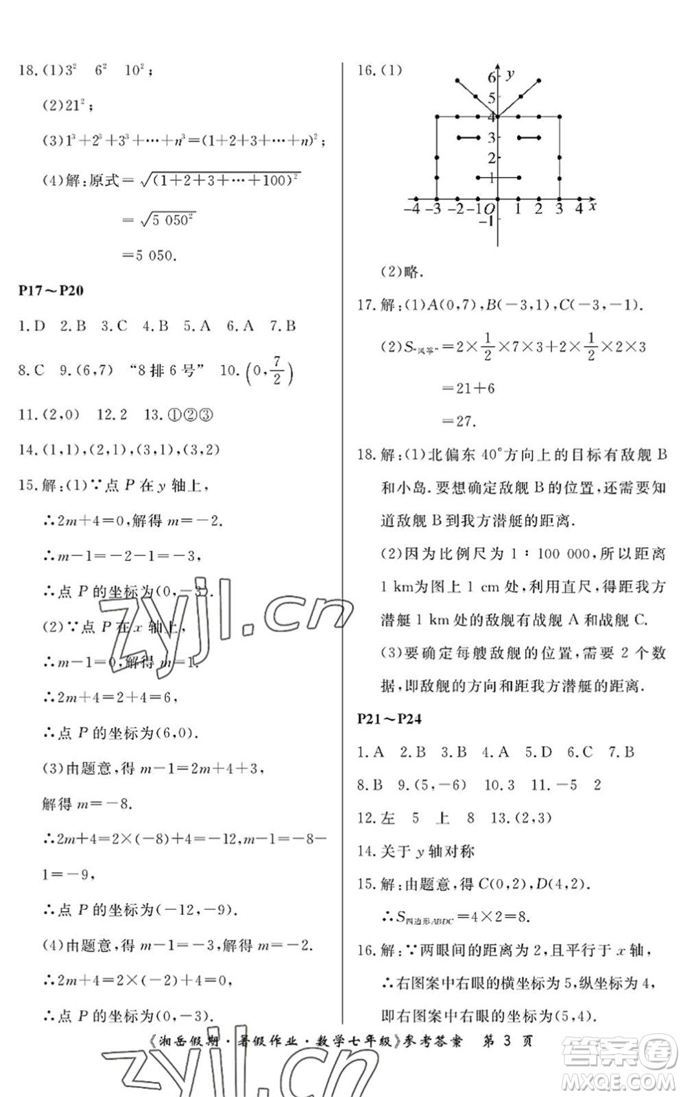 湖南大學出版社2022湘岳假期暑假作業(yè)七年級數(shù)學人教版答案