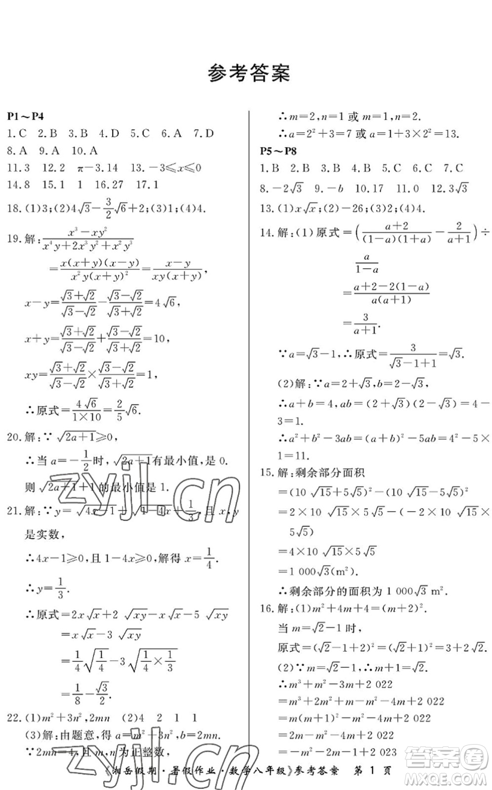湖南大學出版社2022湘岳假期暑假作業(yè)八年級數(shù)學人教版答案