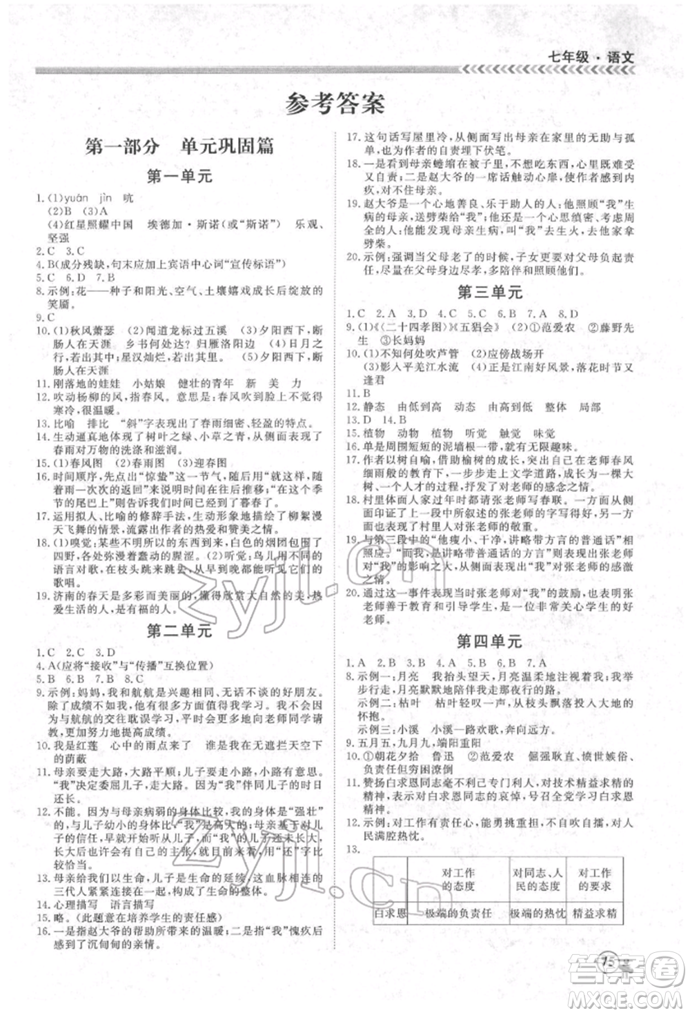 黑龍江教育出版社2022假期沖冠學(xué)期系統(tǒng)復(fù)習(xí)預(yù)習(xí)銜接七年級(jí)語(yǔ)文人教版參考答案