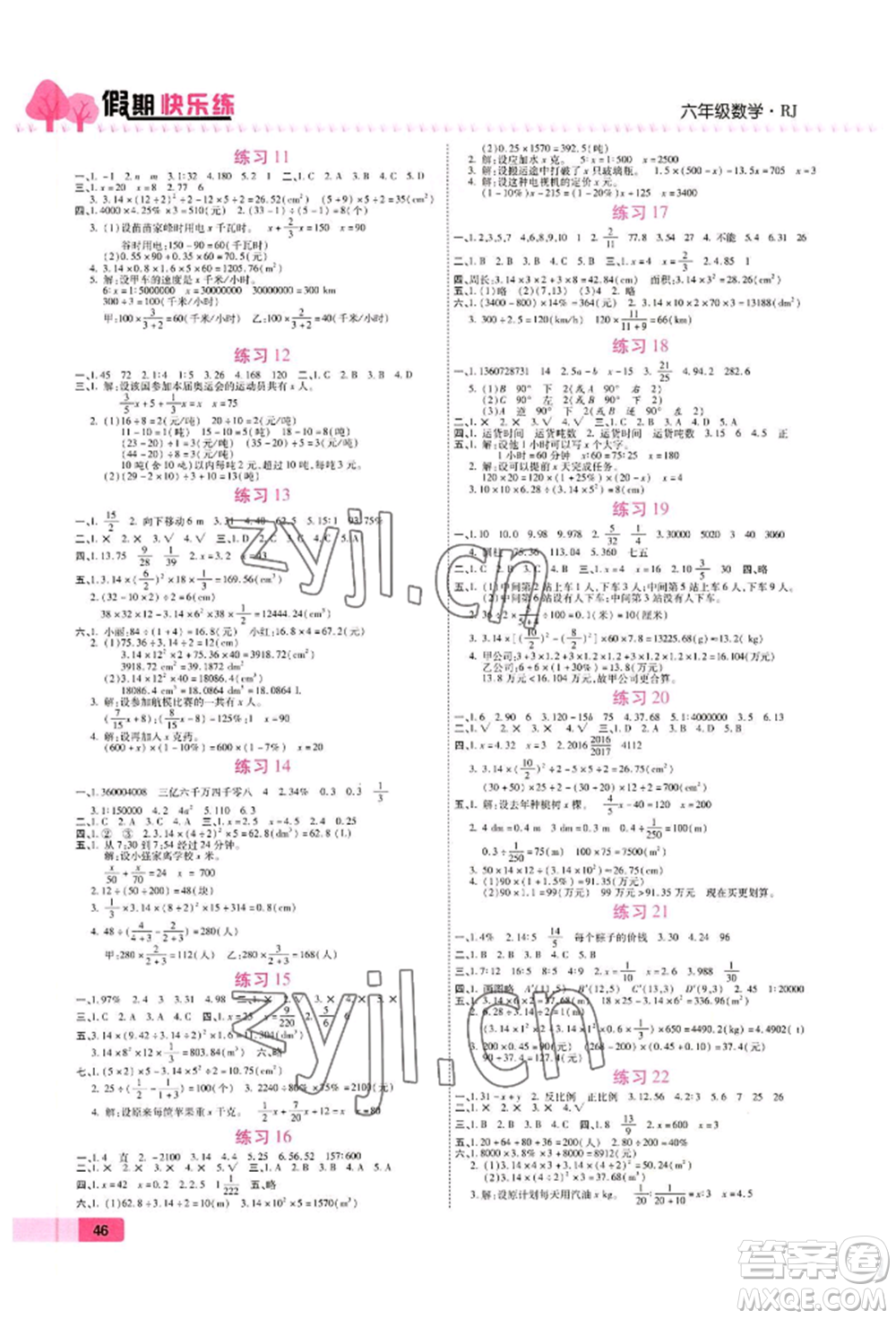 天津科學(xué)技術(shù)出版社2022暑假作業(yè)培優(yōu)假期快樂練六年級(jí)數(shù)學(xué)人教版參考答案
