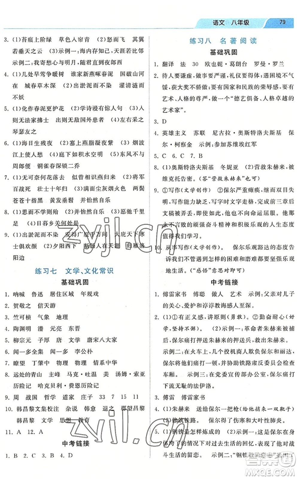 河北美術(shù)出版社2022暑假作業(yè)八年級(jí)語(yǔ)文人教版答案