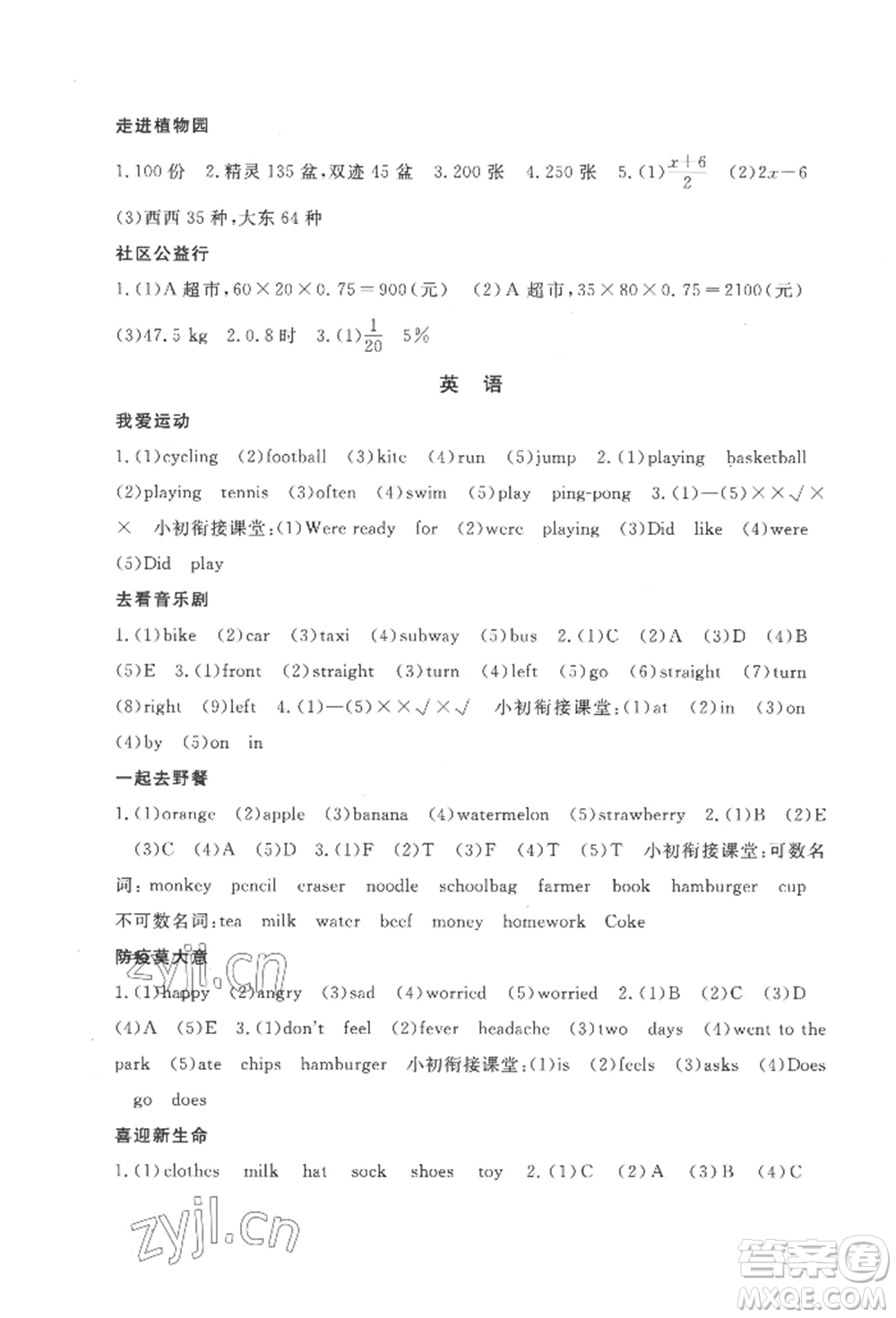 江西教育出版社2022芝麻開(kāi)花快樂(lè)暑假六年級(jí)合訂本通用版參考答案