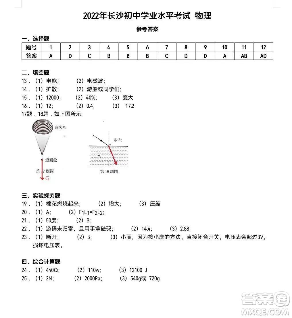 2022年長(zhǎng)沙市初中學(xué)業(yè)水平考試物理試卷及答案