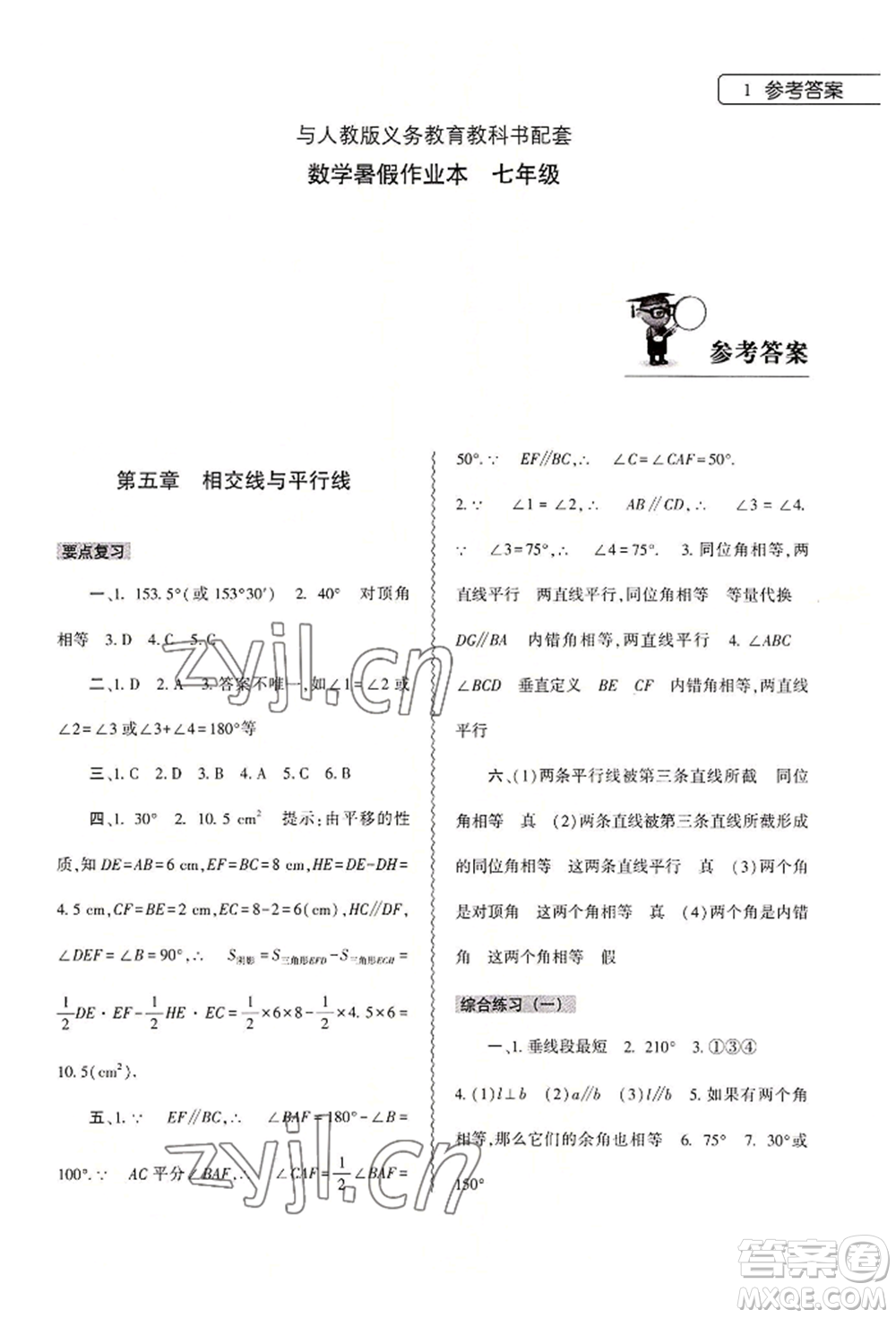大象出版社2022數(shù)學(xué)暑假作業(yè)本七年級(jí)人教版參考答案
