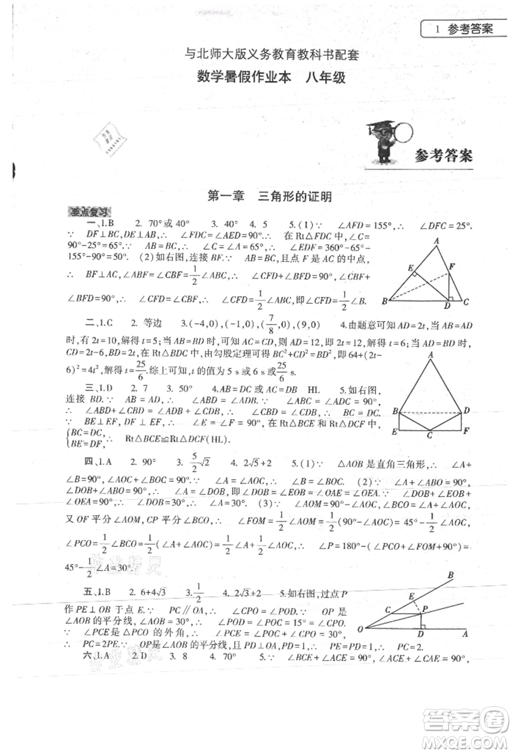 大象出版社2022數(shù)學(xué)暑假作業(yè)本八年級(jí)北師大版參考答案