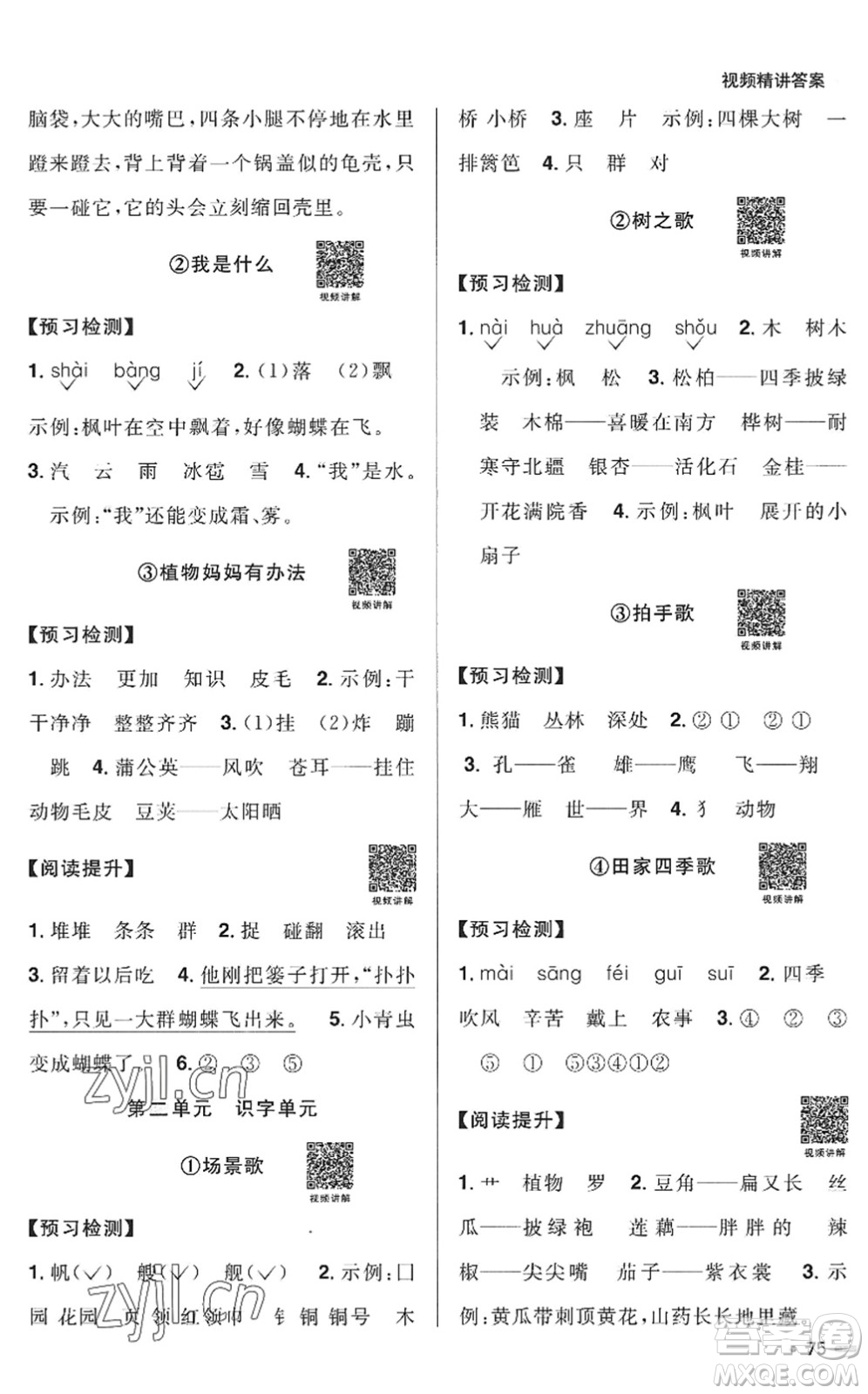 江西教育出版社2022陽光同學(xué)暑假銜接一升二年級語文RJ人教版答案