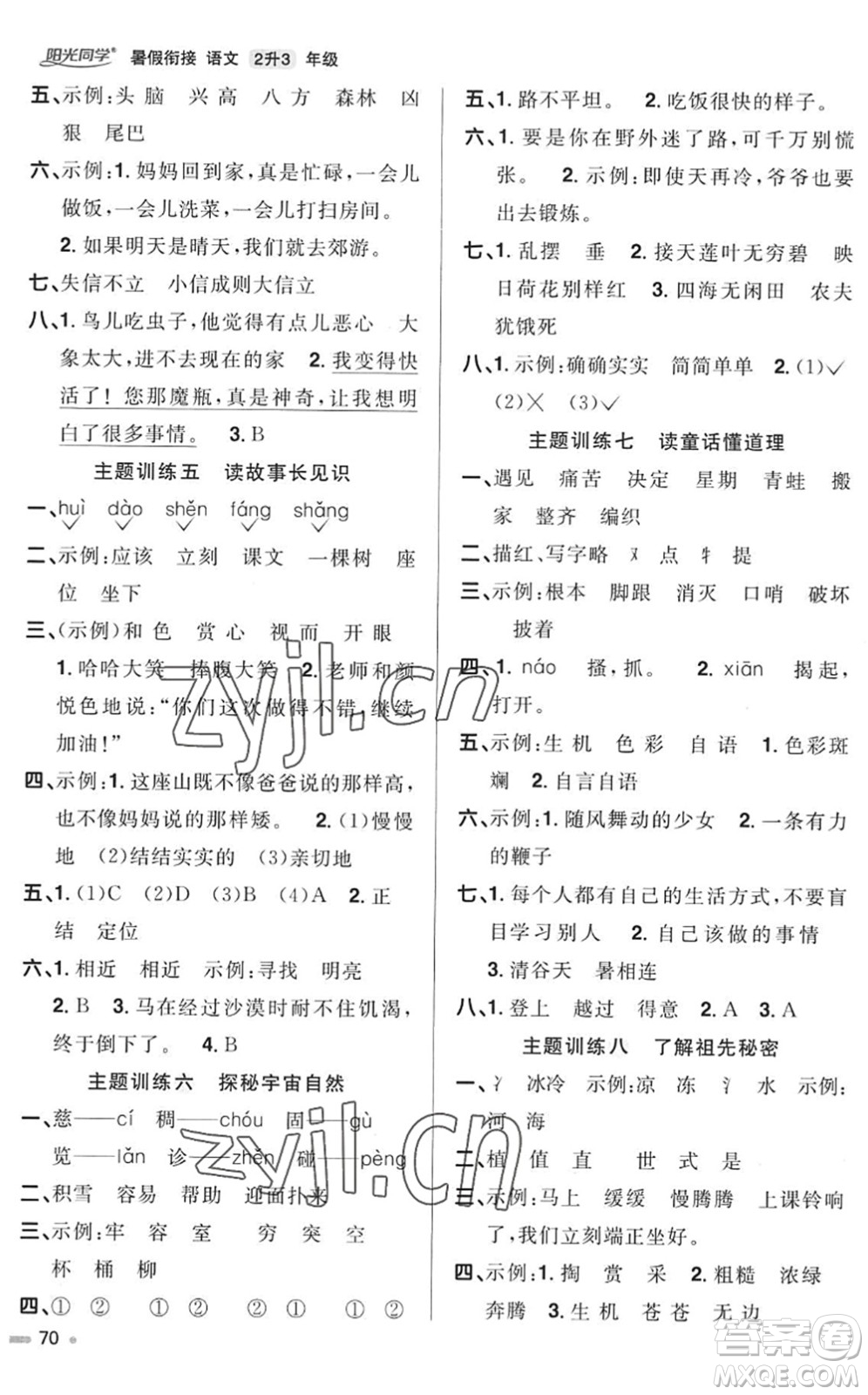 江西教育出版社2022陽光同學(xué)暑假銜接二升三年級語文RJ人教版答案