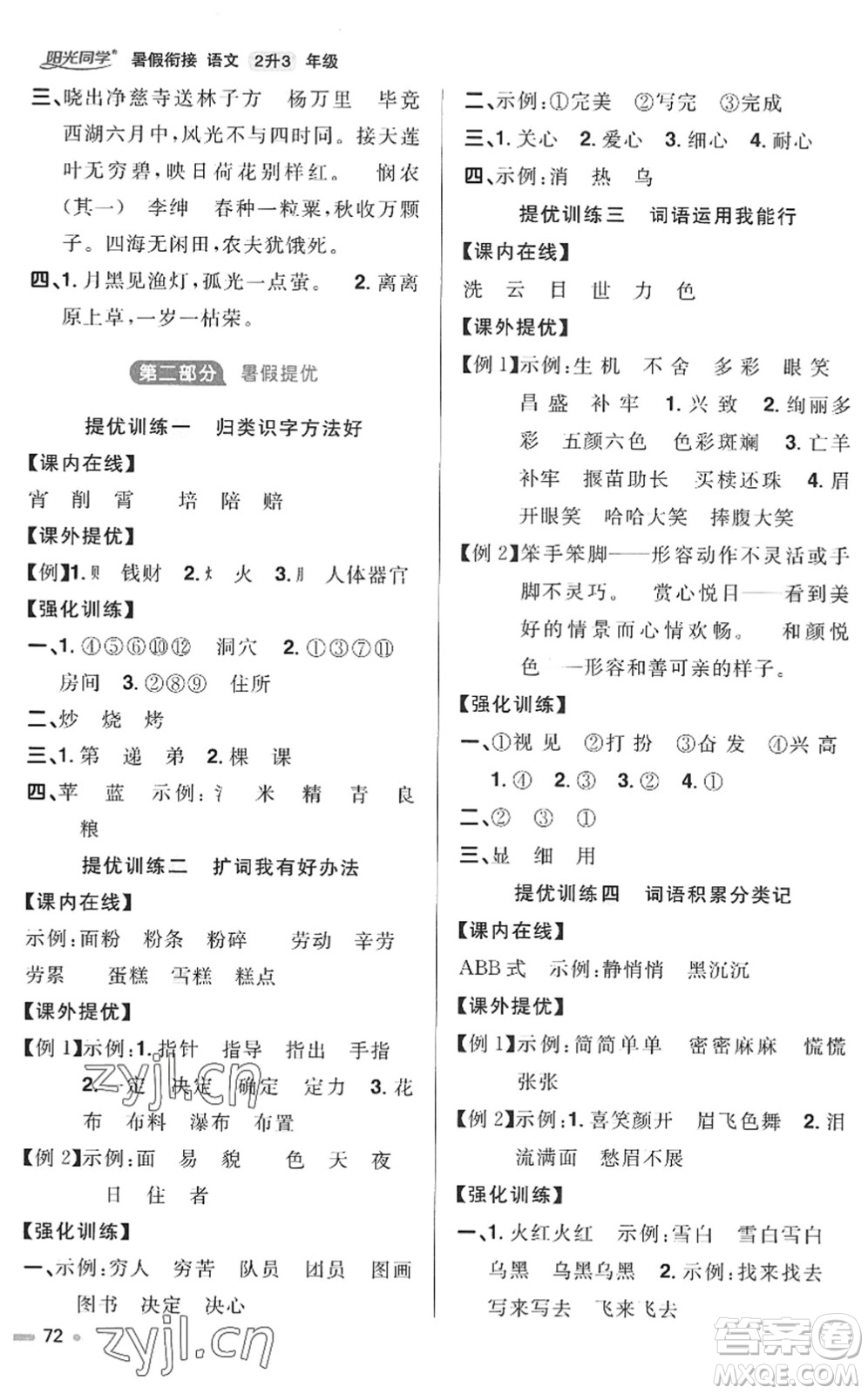江西教育出版社2022陽光同學(xué)暑假銜接二升三年級語文RJ人教版答案