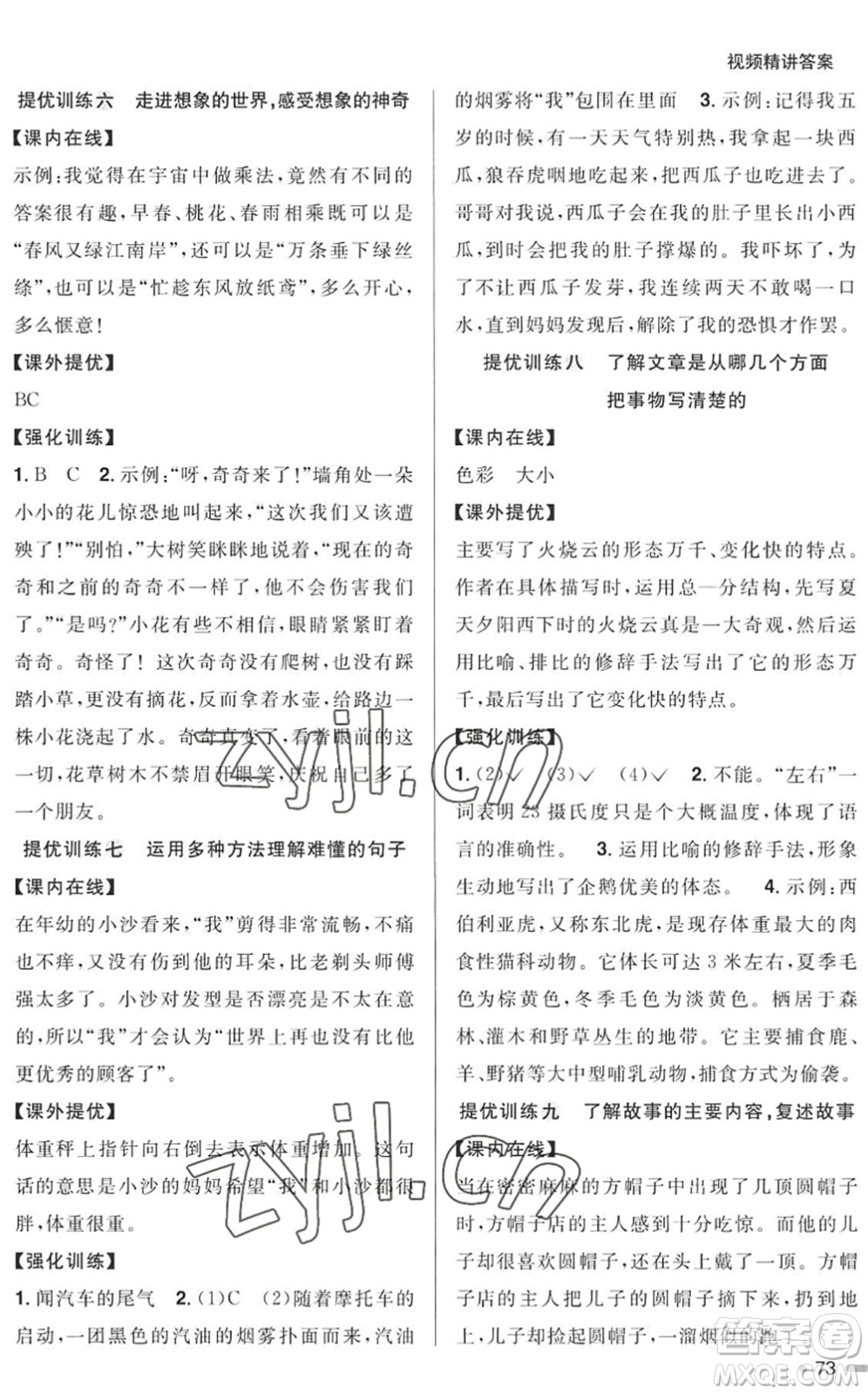 江西教育出版社2022陽光同學(xué)暑假銜接三升四年級語文RJ人教版答案