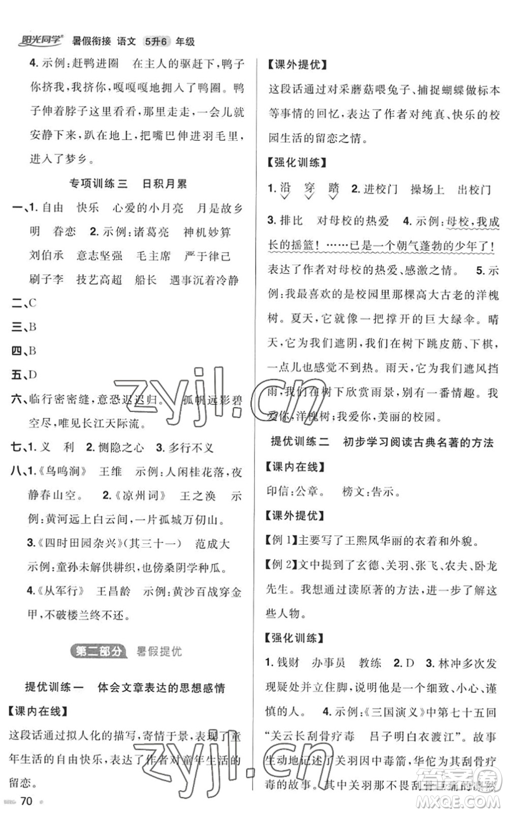 江西教育出版社2022陽光同學(xué)暑假銜接五升六年級語文RJ人教版答案