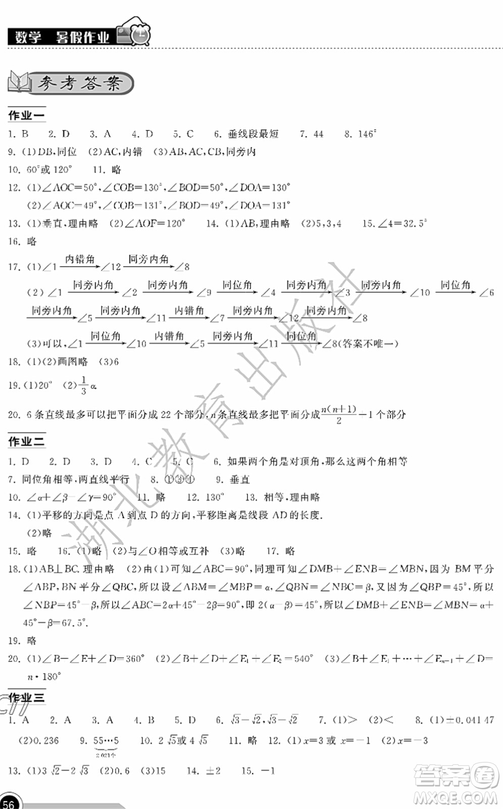 湖北教育出版社2022長江作業(yè)本暑假作業(yè)七年級數(shù)學(xué)人教版答案