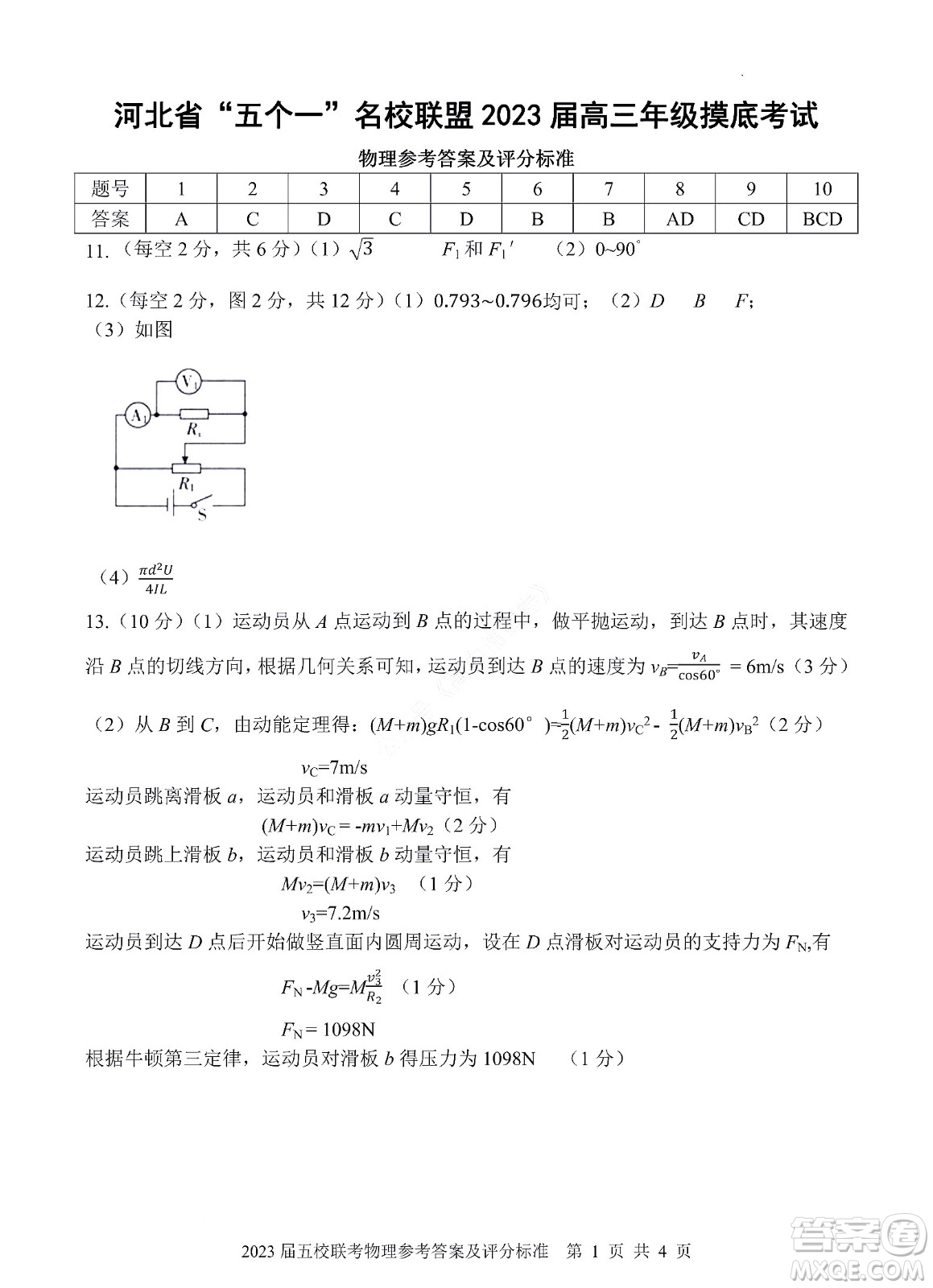 河北省五個(gè)一名校聯(lián)盟2023屆高三年級(jí)摸底考試物理試卷及答案